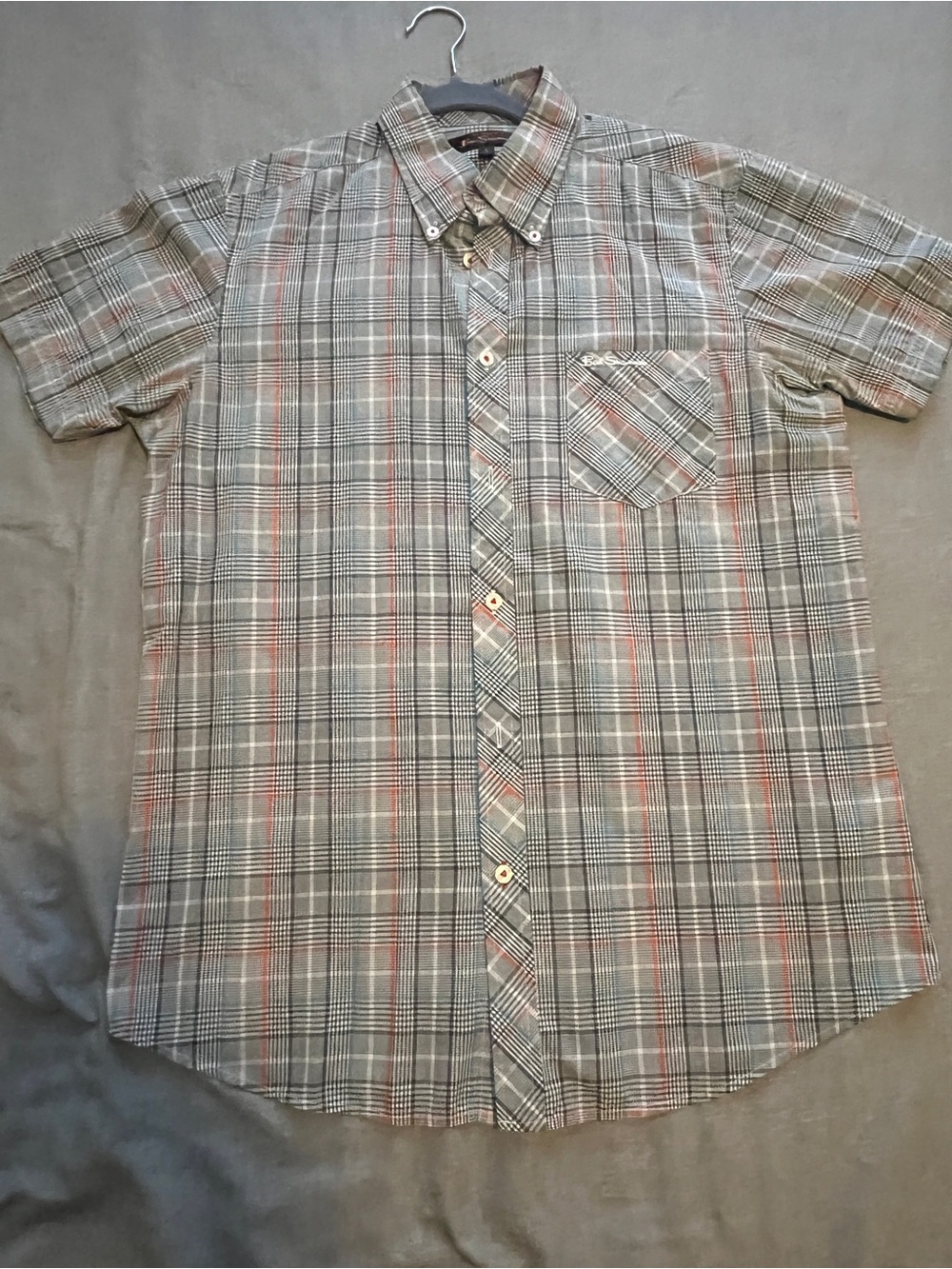 Ben Sherman Gray Plaid Short-Sleeve Button-Down with Orange and Blue Accents